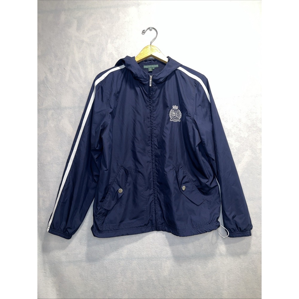 LRL Ralph Lauren Active Windbreaker Jacket Womens M Navy Blue Embroidered Crest‎